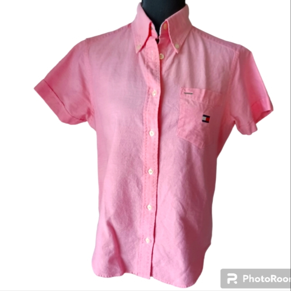 Tommy Hilfiger Short Sleeve Button Up Oxford Shirt in Pink EUC